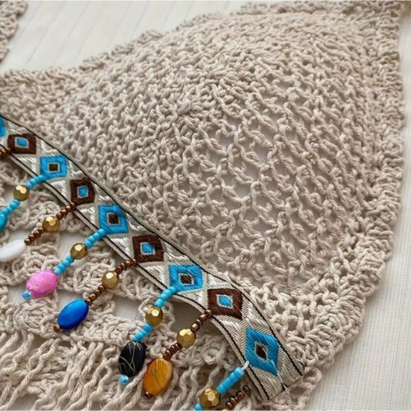 Crochet Halter Bra with Cropped Tassel Hem Summer Sleeveless Casual Top - Picture 3 of 8